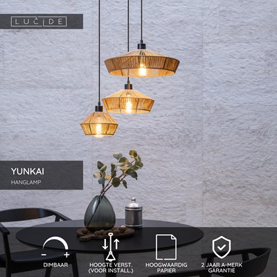 Lucide YUNKAI - Hanglamp - Ø 60 cm - 3xE27 - Naturel